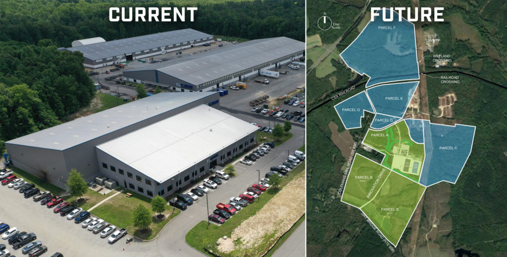 Map of development plan with aerial photo of existing facility