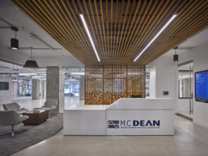 The lobby of M.C. Dean’s LEED GOLD certified headquarters.