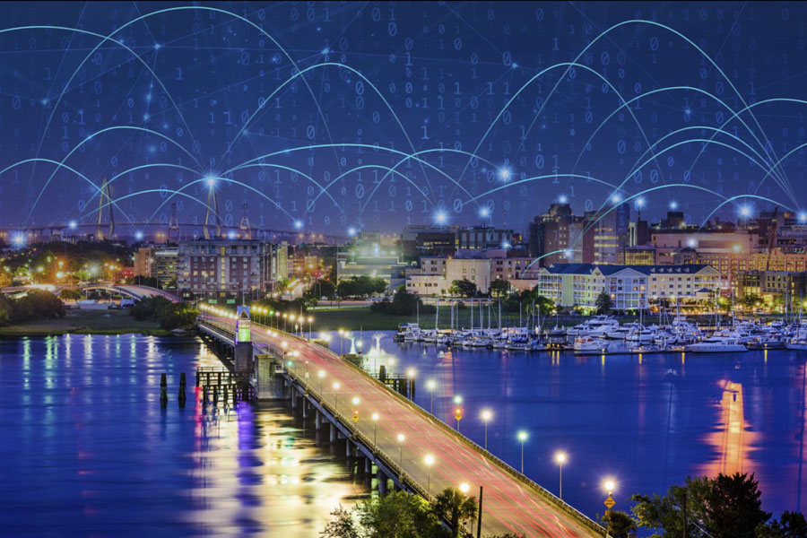Charleston skyline with interconnected network representing the Internet of Things (IoT)